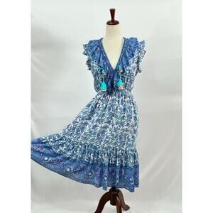BELL by ALICIA BELL Sz S Small Blue Purple Green Ruffle Cotton Silk Midi Dress